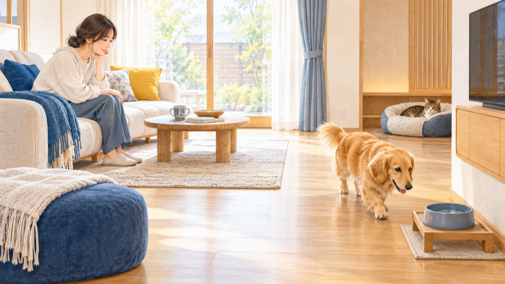 飼い主がリビングで犬と猫の普段の様子を見守るイメージ