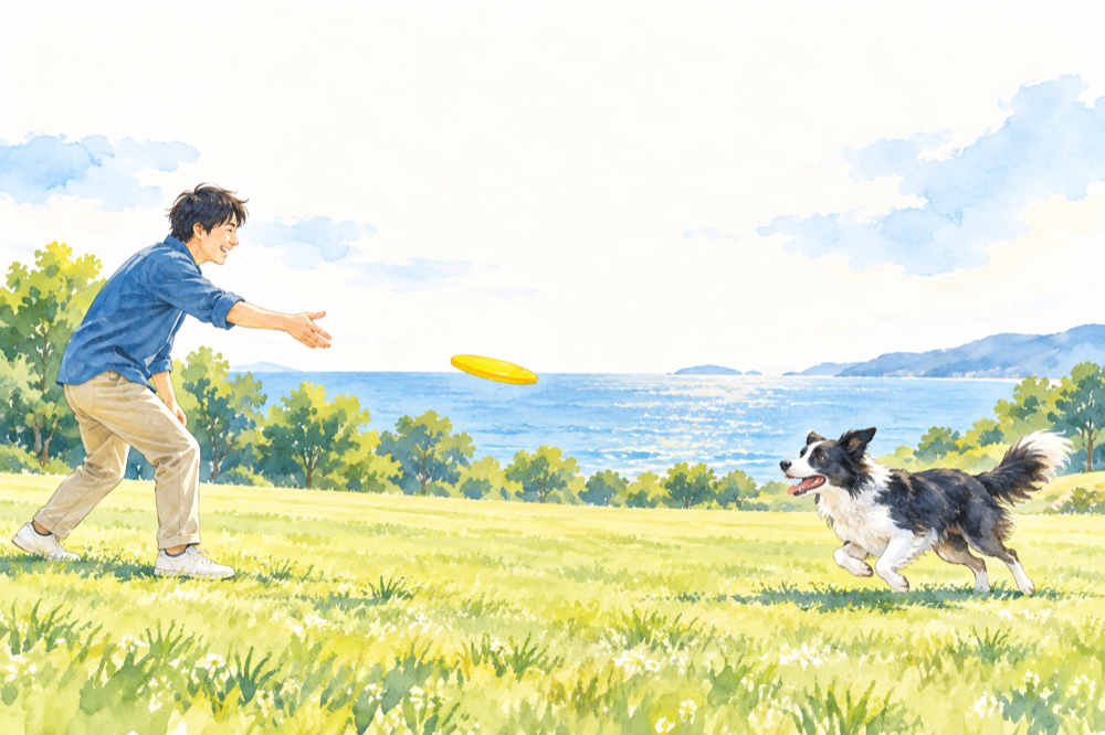 芝生の上で飼い主と犬がディスク遊びを楽しむイメージイラスト