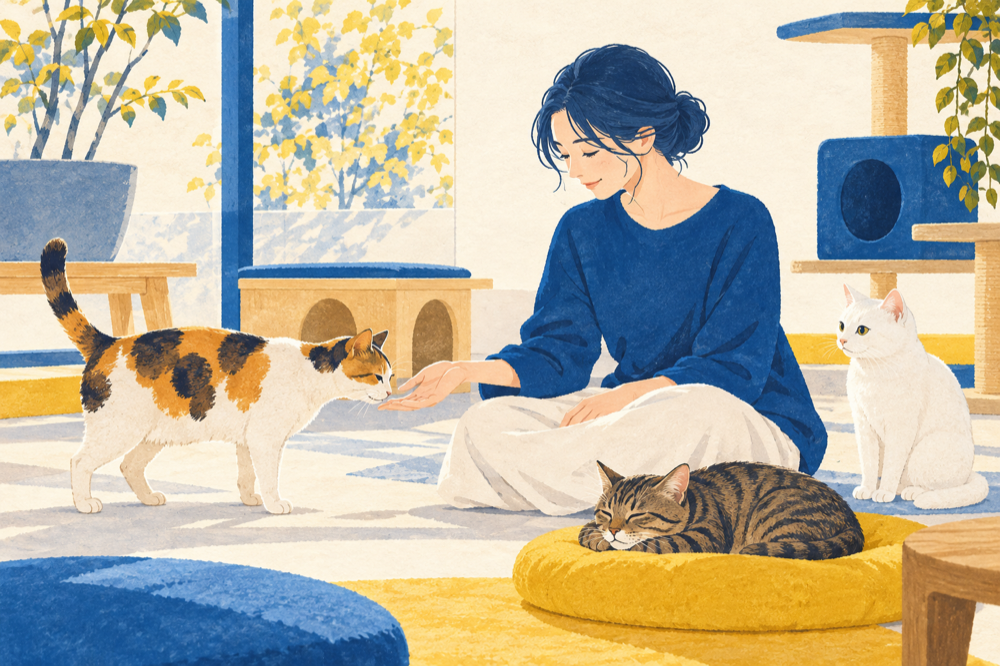 猫たちのペースを大切にしながら触れ合う人のイメージイラスト