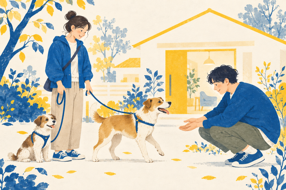 スタッフに見守られながら犬と人が出会うイメージイラスト