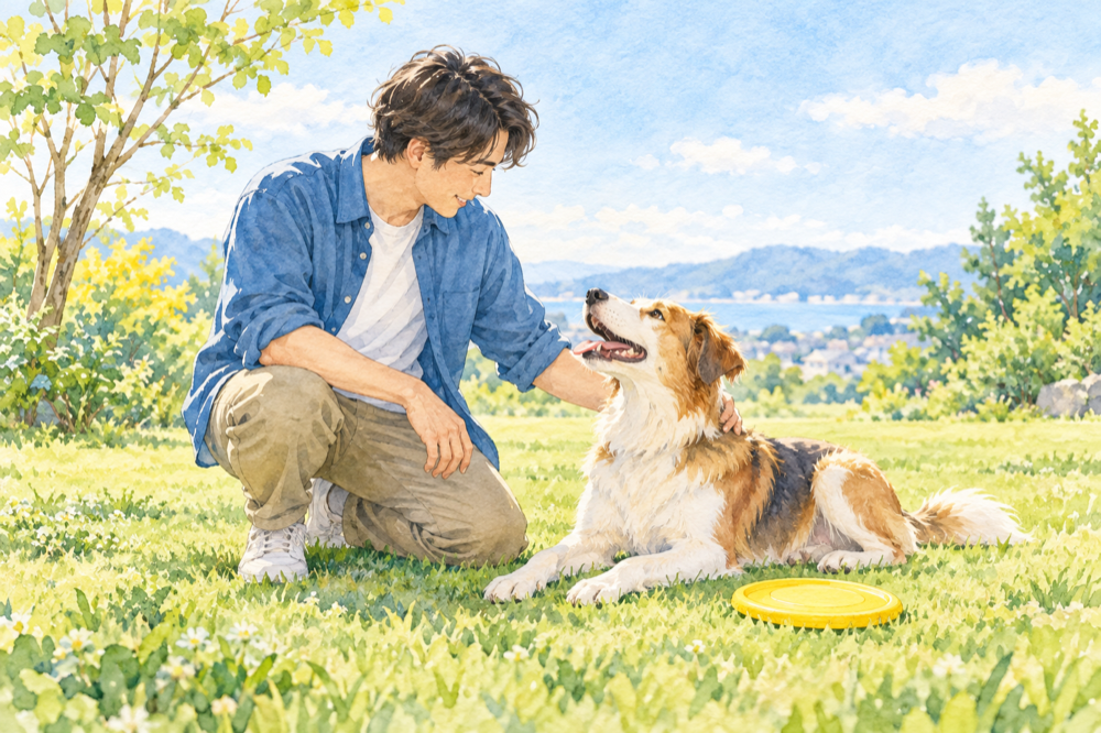 遊びの後に犬と飼い主が穏やかに触れ合うイメージイラスト